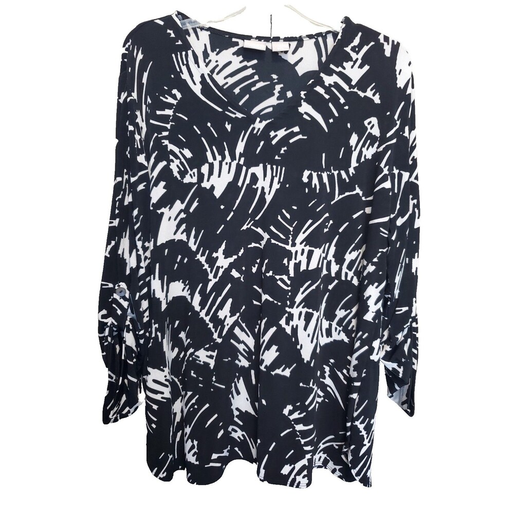 Chico's Travelers Black V-Neck Abstract Print Roll-Tab Cuffs Tunic Size 3 (XL)